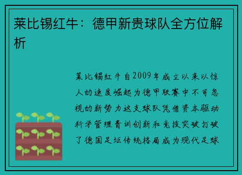 莱比锡红牛：德甲新贵球队全方位解析