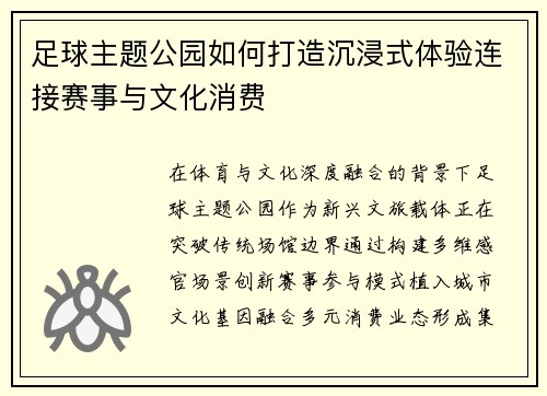 足球主题公园如何打造沉浸式体验连接赛事与文化消费